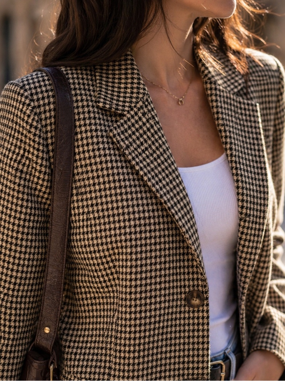 ICHI Houndstooth Blazer Jacket Size 40 Tailored Preppy Academia Oversized Fit